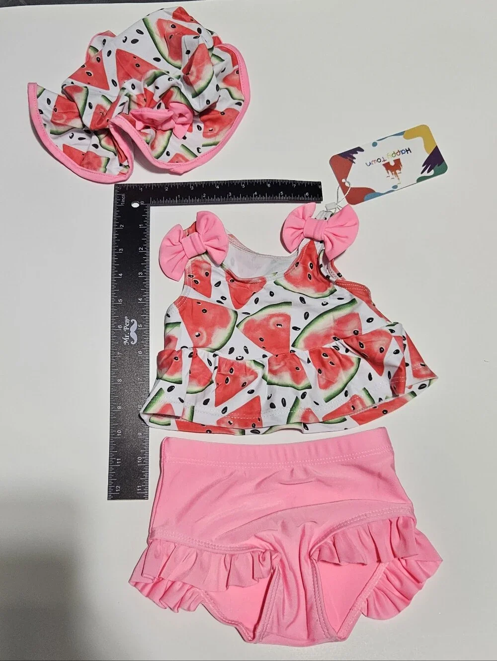 NWT Happy Town Baby Girl Watermelon Swimsuit Bikini & Hat Set 3-6M